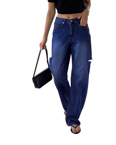 Necooer Damen Vintage High-Waisted Jeans Elegant Lässig Mit Elastischen Gerade Seite Öffnung Hose Lose Bootcut Jeans(XXL,Marineblau) von Necooer