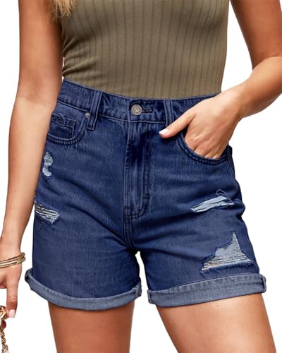 Necooer Damen Zerrissene Basic Profi-Hotpants Hochgeschnittene Denim-Shorts Marineblau mit Taschen(M,Marineblau10) von Necooer