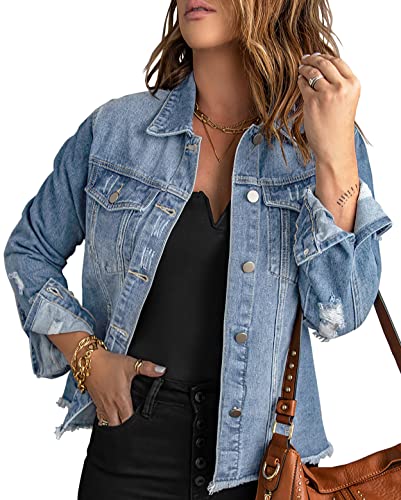 Necooer Denim Jeansjacke Mit Fransen In Distressed Optik Authentics Denimjacke Für Damen Hellblau,M von Necooer