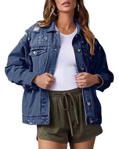 Necooer Frauen Jean Jacken Langarm Freund Distressed Oversized Stretch Button Up Frayed Ripped Washed Blue Denim Jacke für Frauen(M,Dunkel Blau) von Necooer