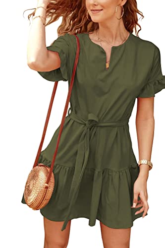 Necooer Frauen Kurze Baggy Sleeve Krawatte Taille Rüschen Saum Flowy Swing Kleider für Frauen Midi Länge,01-grün,M von Necooer