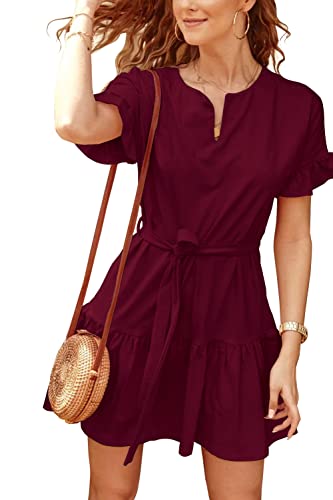 Necooer Frauen Kurze Baggy Sleeve Krawatte Taille Rüschen Saum Flowy Swing Kleider für Frauen Midi Länge,01-rot,M von Necooer