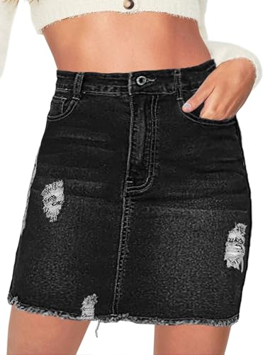Necooer Frauen Mini Bleistift Denim Rock gewaschen Frayed Stretch Mitte Taille Mode Short Bodycon Jean Röcke für Frauen(Schwarz,XXL) von Necooer
