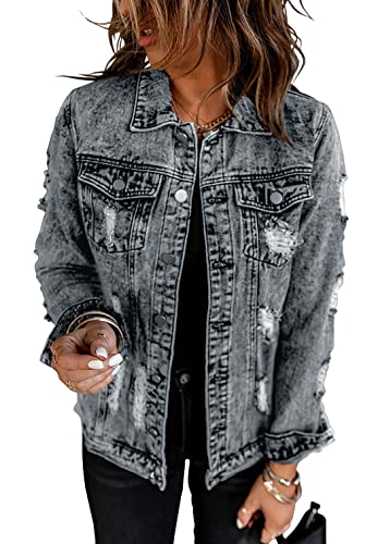 Necooer Jeansjacke Damen Elastische, Lang Geschnittene, Ausgefranste Jeansjacke Damen Denim von Necooer