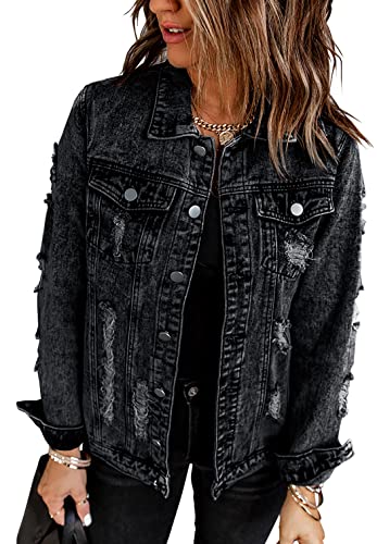 Necooer Jeansjacke Damen Elastische, Lang Geschnittene, Ausgefranste Jeansjacke Damen Denim von Necooer