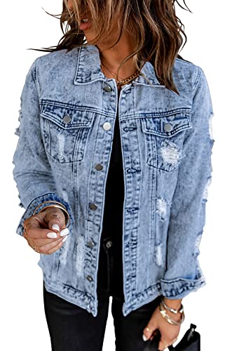 Necooer Jeansjacke Damen Plus Größe Distressed Zerrissene Jeansjacke Damen Lang Tailliert von Necooer