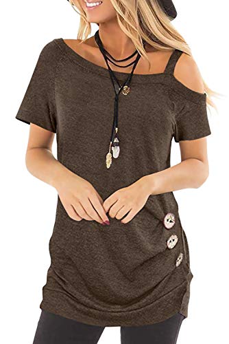 Necooer Kaltschulterhemd für Damen Kurzarm Tunika Casual T-Shirt Bluse(Braun,M) von Necooer