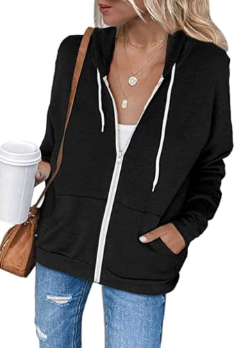 Necooer Kapuzenjacke Damen Sportjacke Tasche Mantel Hoodie einfarbig Pullover Reißverschluss Mantel(A-Schwarz,L) von Necooer