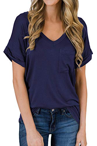 Necooer Kurzarm T-Shirts für Damen Lose Freizeithemden mit Tasche Blau S von Necooer