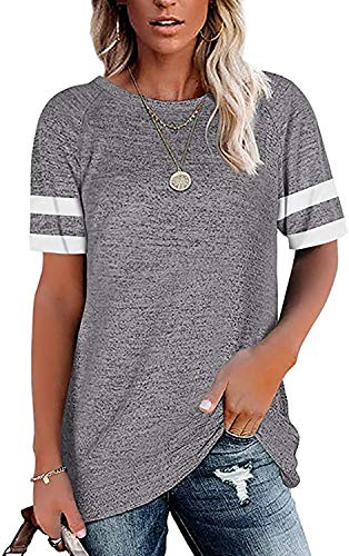 Necooer Kurzarm Tunika Top T-Shirts für Damen Rundhals Sweatshirt Genähtes Baggy T-Shirt(A-Grau,L) von Necooer