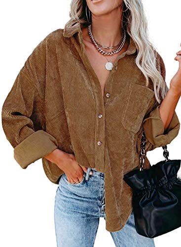 Necooer Leichte Damen Hemden mit Kragen V-Ausschnitt Solid Roll Up Ärmel Button Down Cord Bluse Tops(L,Braun) von Necooer