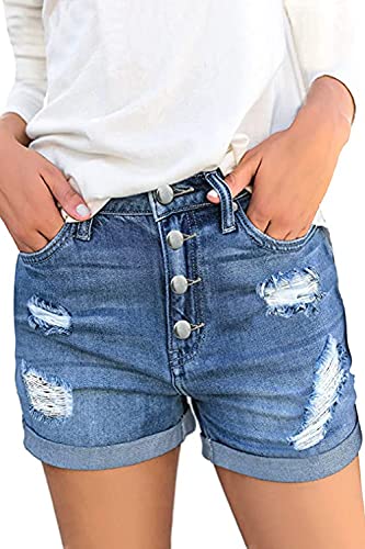 Necooer Maßgeschneiderte Jeansshorts Damen Distressed Denim Shorts ausgefranste Loch Shorts hellblau mittlere Taille von Necooer