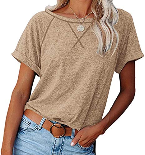 Necooer Women's Casual Round Neck Short Sleeve T-Shirt Summer Loose Blouses Shirts(B-Khaki,L) von Necooer