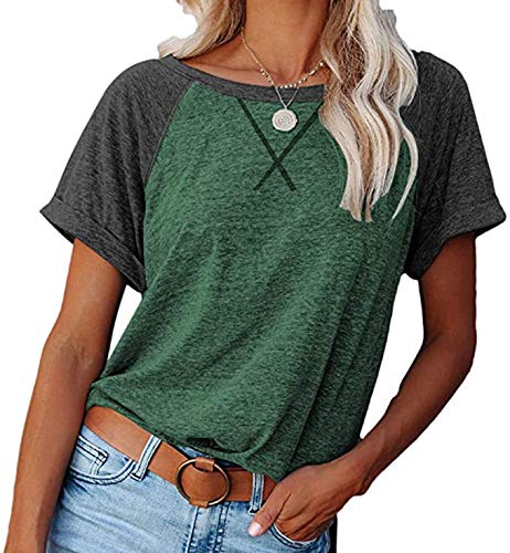 Necooer Women's Casual Summer Short Sleeve T Shirts Splicing Color Loose Cotton Tops Shirts(C-Grün,XXL) von Necooer