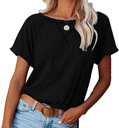 Necooer Womens Basic Solid Color Short Sleeve Casual T-Shirt Summer Raglan Crewneck Cotton Tops(B-Schwarz,XXL) von Necooer