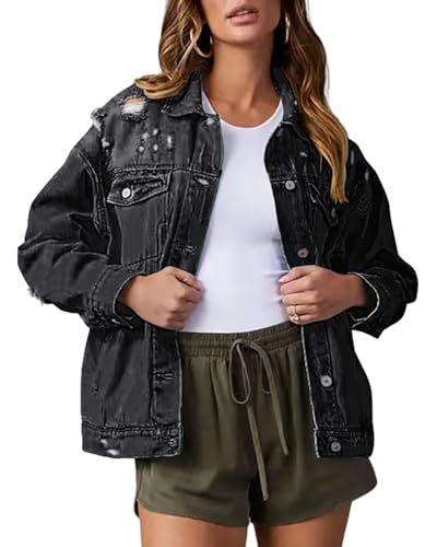 Necooer Womens Casual Jacke Shacket Denim Trucker Mantel Basic Ripped Distressed Schwarz Denim Jacken Stretch Frayed Washed Langarm Jean Jacke mit Tasche(L,Schwarz) von Necooer