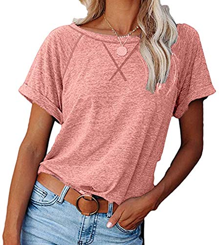 Necooer Womens Casual Solid Color T Shirts Summer Short Sleeve Loose Crewneck Tops(B-Rosa,XXL) von Necooer