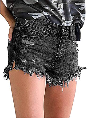 Necooer Womens Casual Sommer Mid Taist Frayed Black Short Pants Distressed Jeans Schwarz 01 S von Necooer