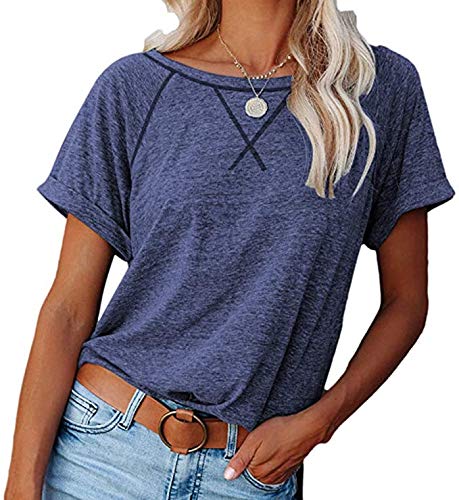 Necooer Womens Cute Crewneck T-Shirts Blouses Tees Tops Shirts Summer Short Sleeve Loose Workout Black T Shirts(B-Blau,L) von Necooer