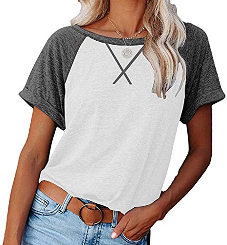 Necooer Womens Splicing Color Block Crewneck Short Sleeve T Shirts Loose Casual Blouses Tees Tops Shirts(C-Weiß,L) von Necooer