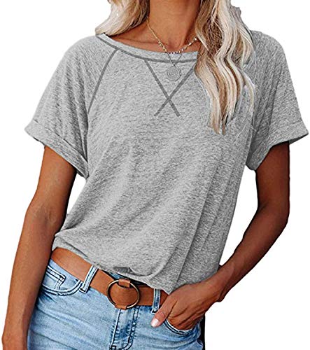 Necooer Womens Summer Fashion Cotton T Shirts Casual Short Sleeve Blouses Tops for Women(B-Hellgrau,XL) von Necooer