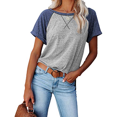 Necooer Womens Summer Short Sleeve Cotton T Shirts Basic Splicing Round Neck Tops von Necooer