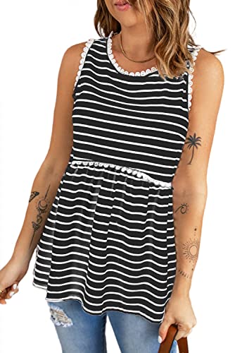 Necooer Womens Summer Tank Top for Women Lace Round Neck Casual Sleeveless Shirts Loose Black Striped Tank Tops（M,Schwarze Streifen） von Necooer