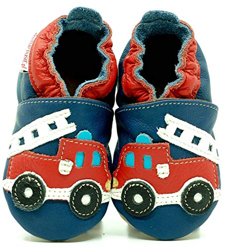 (Feuerwehrauto, 23 EU) Lederpuschen Lederpatschen Lederschuhe Kinder Hausschuhe Kinderschuhe Kinderhausschuhe weiche Leder Krabbelschuhe Junge Mädchen Kleinkind Lederhausschuhe Puschen Lauflernschuhe von Need Sleep