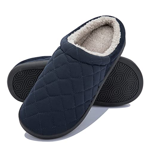 NeedBo Memory Foam Hausschuhe Kariert Herren Warme Bequeme Fleece Gefüttert Pantoffeln Rutschfest Slippers Drinnen Draußen,Marine,47/48 EU von NeedBo