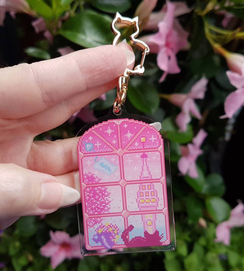 Katze Schlüsselanhänger, Fenster Tokyo Japan Pastell, Pixel Art, Süßer Kawaii Acryl, Taschenanhänger Katze Schlüsselanhänger, Fenster Tokyo Japan Pastell, Pixel Art, Süßer Kawaii Acryl, Taschenanhänger von NeedleMinderLair