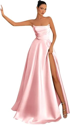 Frauen trägerlos Satin Abschlussballkleider ärmellos A Linie Korsett Ballkleid Langer Schlitz Abend Partykleider von Neejafrog