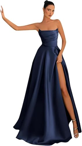 Frauen trägerlos Satin Abschlussballkleider ärmellos A Linie Korsett Ballkleid Langer Schlitz Abend Partykleider von Neejafrog