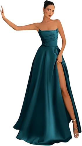 Frauen trägerlos Satin Abschlussballkleider ärmellos A Linie Korsett Ballkleid Langer Schlitz Abend Partykleider von Neejafrog