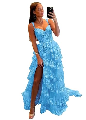Glitzer Spitze Tüll Tiered Abschlussball Kleider Spaghetti Träger V-Ausschnitt Lange Formale Abend Party Kleider mit Schlitz von Neejafrog