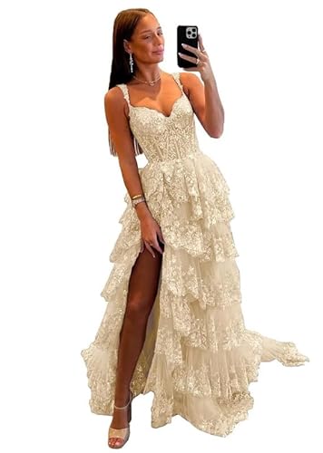 Glitzer Spitze Tüll Tiered Abschlussball Kleider Spaghetti Träger V-Ausschnitt Lange Formale Abend Party Kleider mit Schlitz von Neejafrog