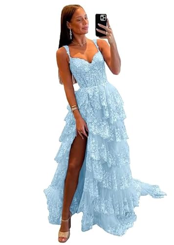 Glitzer Spitze Tüll Tiered Abschlussball Kleider Spaghetti Träger V-Ausschnitt Lange Formale Abend Party Kleider mit Schlitz von Neejafrog