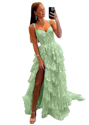 Glitzer Spitze Tüll Tiered Abschlussball Kleider Spaghetti Träger V-Ausschnitt Lange Formale Abend Party Kleider mit Schlitz von Neejafrog