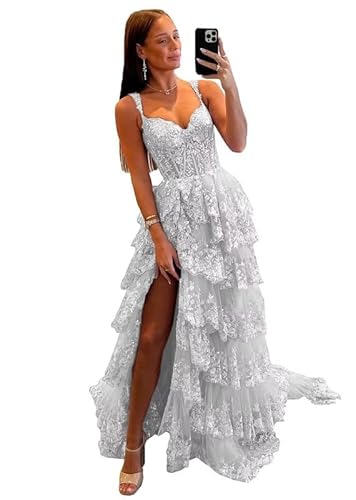 Glitzer Spitze Tüll Tiered Abschlussball Kleider Spaghetti Träger V-Ausschnitt Lange Formale Abend Party Kleider mit Schlitz von Neejafrog