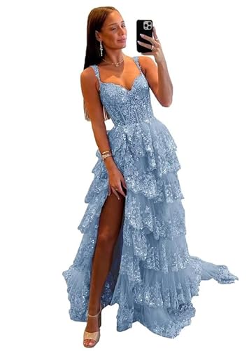 Glitzer Spitze Tüll Tiered Abschlussball Kleider Spaghetti Träger V-Ausschnitt Lange Formale Abend Party Kleider mit Schlitz von Neejafrog