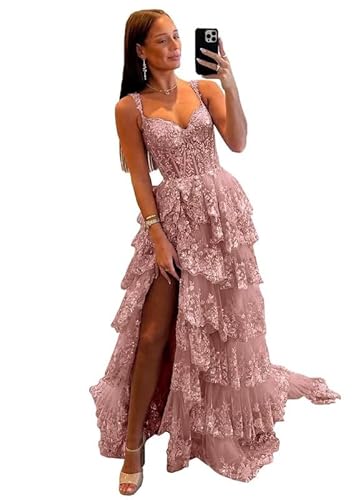 Glitzer Spitze Tüll Tiered Abschlussball Kleider Spaghetti Träger V-Ausschnitt Lange Formale Abend Party Kleider mit Schlitz von Neejafrog