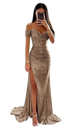 Glitzernde Pailletten Meerjungfrau Ballkleider 2024 Aus Schulter Plissee Langes Ballkleid V-Ausschnitt Abendkleid mit Schlitz von Neejafrog