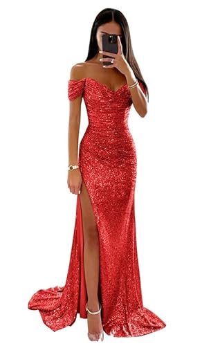 Glitzernde Pailletten Meerjungfrau Ballkleider 2024 Aus Schulter Plissee Langes Ballkleid V-Ausschnitt Abendkleid mit Schlitz von Neejafrog