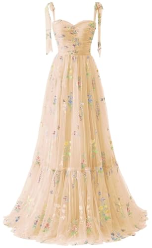 Neejafrog Blumenstickerei Tüll Ballkleider Spaghettiträger Spitze Abend Partykleider Sweetheart Plissee Ausschnitt Langes Formelles Kleid von Neejafrog