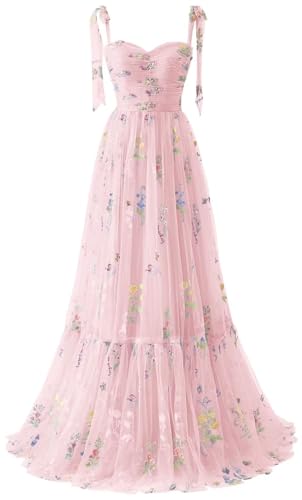 Neejafrog Blumenstickerei Tüll Ballkleider Spaghettiträger Spitze Abend Partykleider Sweetheart Plissee Ausschnitt Langes Formelles Kleid von Neejafrog