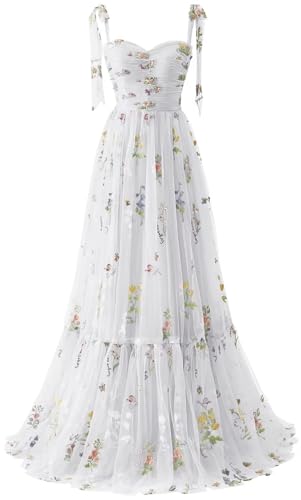 Neejafrog Blumenstickerei Tüll Ballkleider Spaghettiträger Spitze Abend Partykleider Sweetheart Plissee Ausschnitt Langes Formelles Kleid von Neejafrog