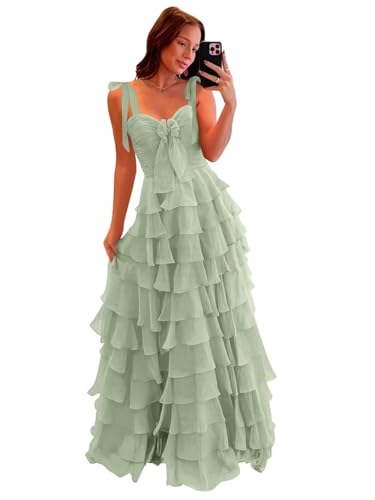 Neejafrog Damen gestufene Chiffon Ballkleider mit Bogen Spaghetti Bänder Lange Ballkleid Schnüre formales Kleid mit Schlitz von Neejafrog