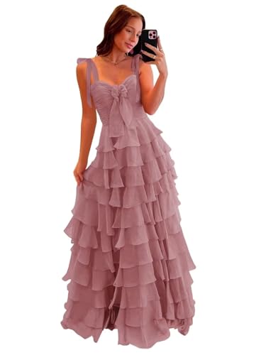 Neejafrog Damen gestufene Chiffon Ballkleider mit Bogen Spaghetti Bänder Lange Ballkleid Schnüre formales Kleid mit Schlitz von Neejafrog