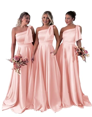 Neejafrog Eine Schulter Brautjungfer Kleider für Hochzeit Satin Abschlussballkleider mit Bogen Lange Formale Abendkleider mit Taschen von Neejafrog