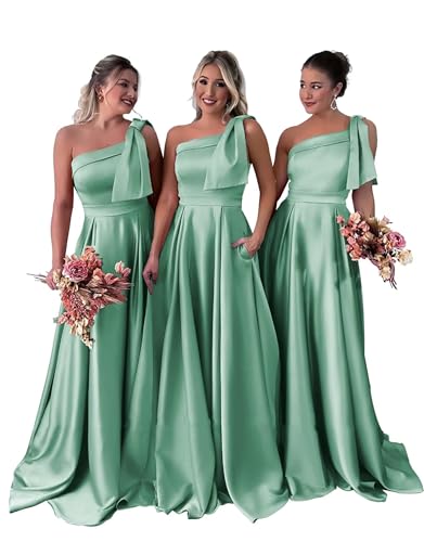 Neejafrog Eine Schulter Brautjungfer Kleider für Hochzeit Satin Abschlussballkleider mit Bogen Lange Formale Abendkleider mit Taschen von Neejafrog