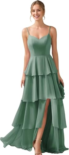 Neejafrog Frauen Rüschen Chiffon Brautjungfernkleider Spaghettiträger V-Ausschnitt Formelle Abendkleider mit Falten Prom Kleid von Neejafrog